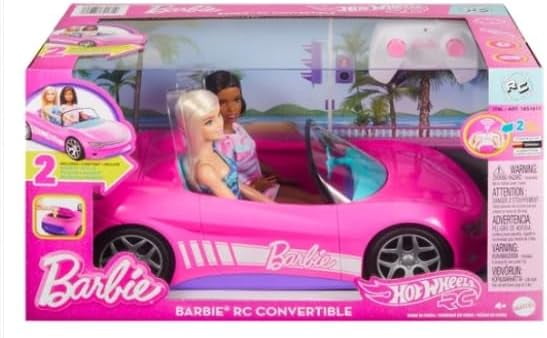 Hot Wheels Remote Control Barbie Convertible Car with 2 Dolls, Pink RC Vehicle, Kids Toy